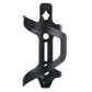 Black aluminum bottle cage with wide strap opening and side mounting bracket
