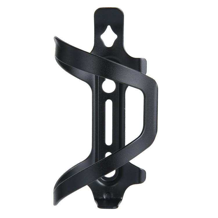 Black aluminum bottle cage with wide strap opening and side mounting bracket