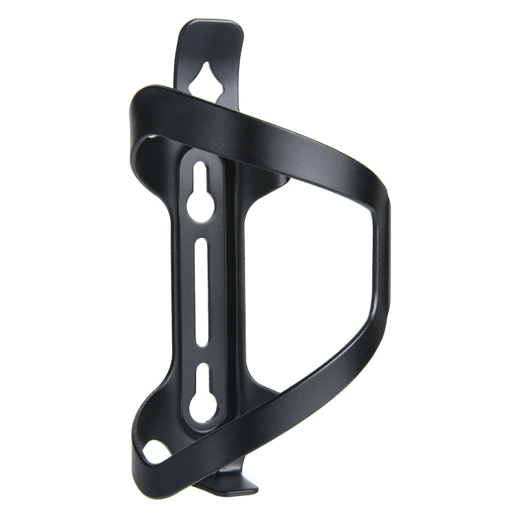 Black aluminum bicycle bottle cage with contoured sides and two elongated lightening slots