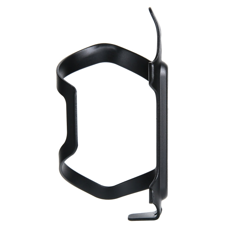 Black aluminum bottle cage with curved opening and long side mounting tab