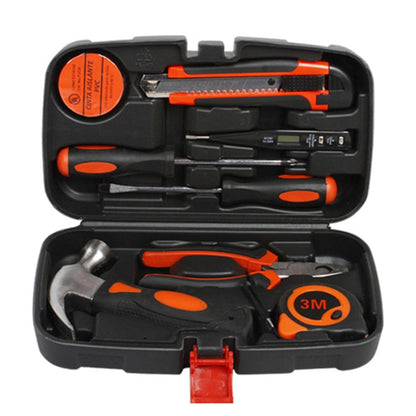 9-in-1 household tool kit in open black storage case with orange-handled tools