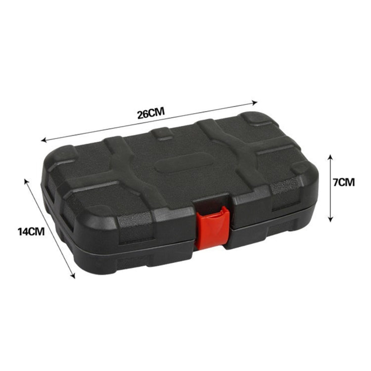 Black tool case with lid, size marks: 26 cm x 14 cm x 7 cm