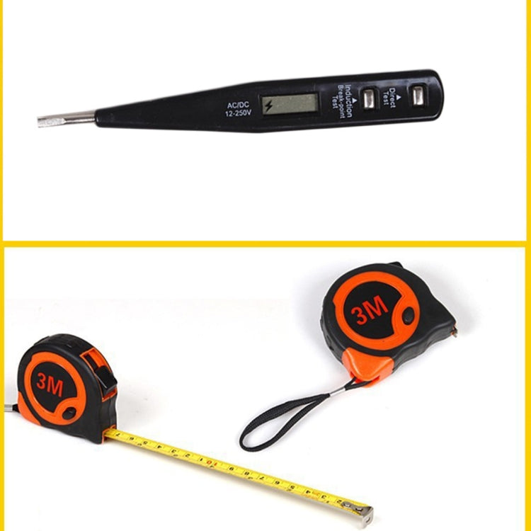 Black tester tool with display and USB port, plus orange retractable tape measure