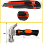 Orange-and-black utility knife and claw hammer, with close-up of blade housing