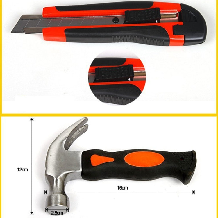 Orange-and-black utility knife and claw hammer, with close-up of blade housing