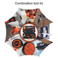 Orange-and-black hand tools shown in a compact kit with assorted applications