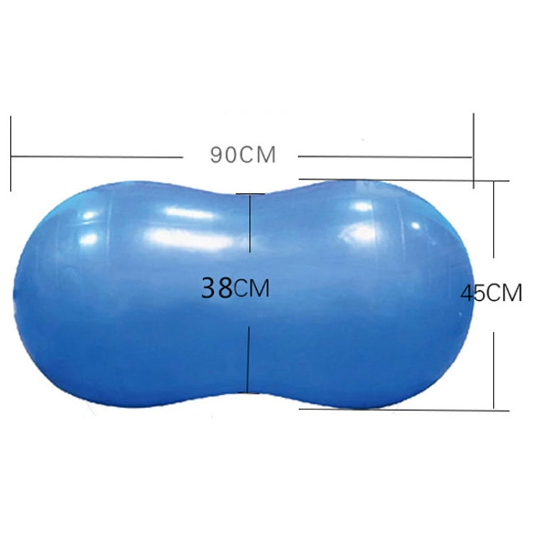Blue peanut-shaped exercise and massage ball with curved seam paneling