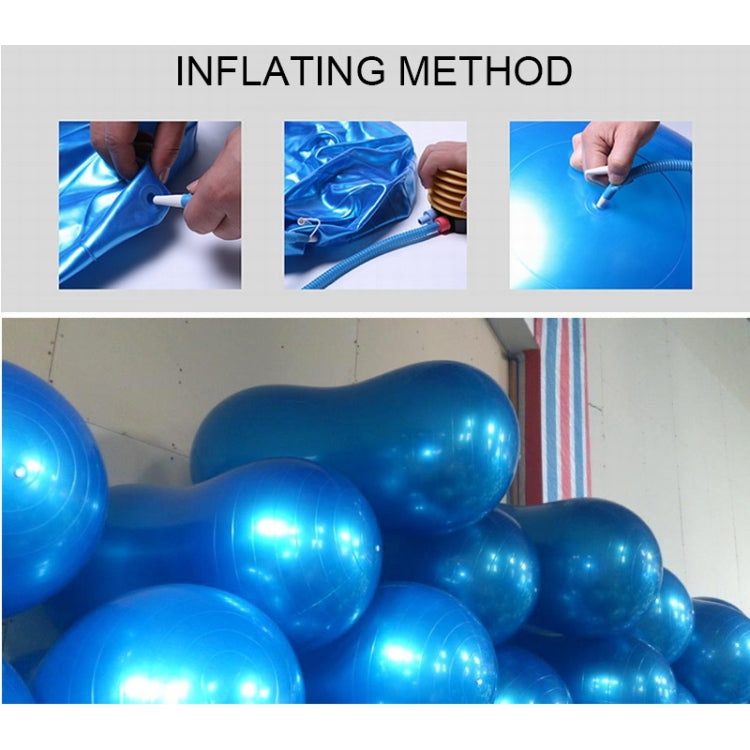 Blue peanut-shaped exercise balls piled together, inflated and shiny with seams