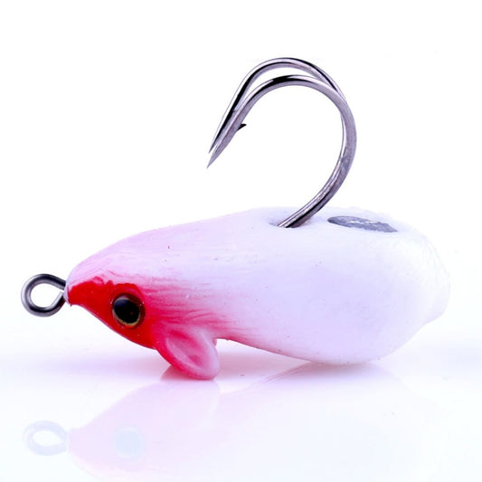 White mouse fishing lure with red head and upward treble hook, black eye.