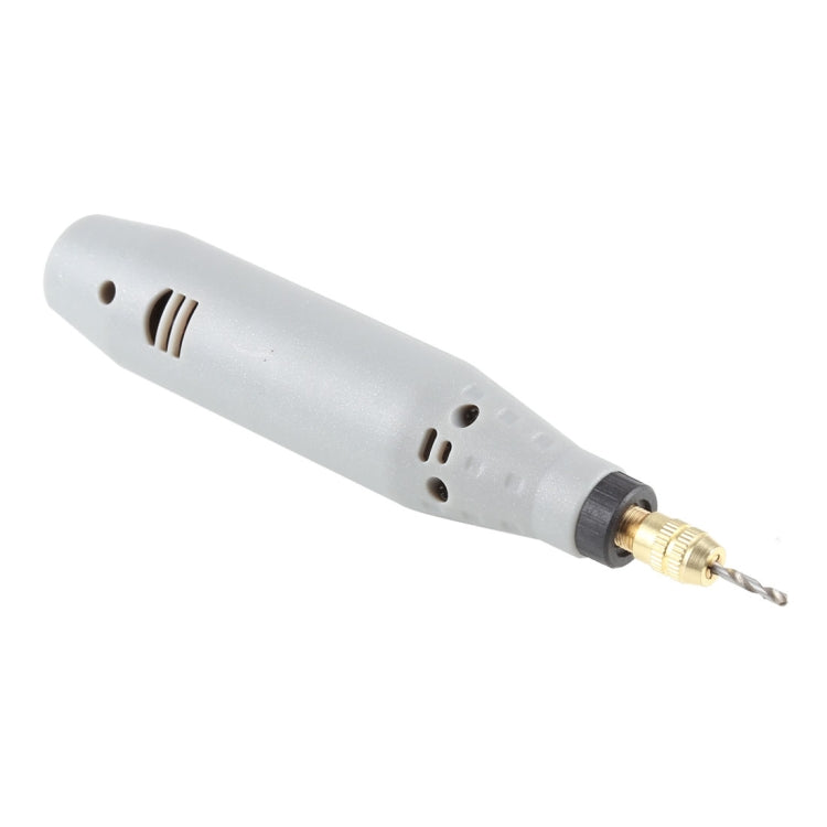 Mini electric grinder drill, rear view with vent slots and light gray casing