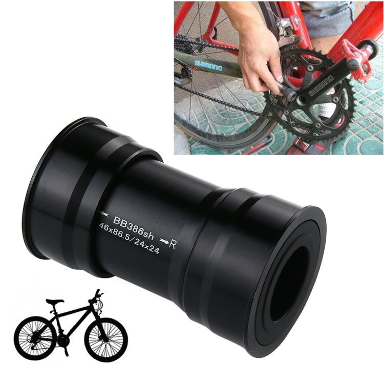 Press-fit BB386 bottom bracket shell, black anodized cylinder with 46x86.5 markings