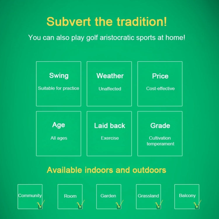 Golf practice net infographic with indoor and outdoor use icons on a green background