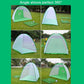 Golf practice net set up outdoors with ball tray on grass, showing 360° view