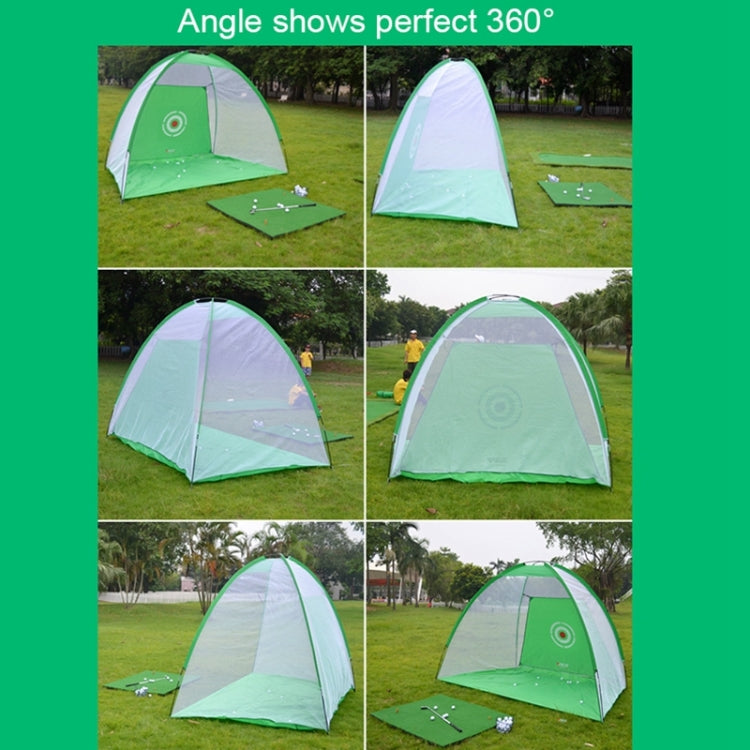 Golf practice net set up outdoors with ball tray on grass, showing 360° view
