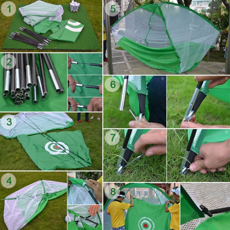 Golf practice net assembly steps showing poles, mesh, target panel, and tie clips