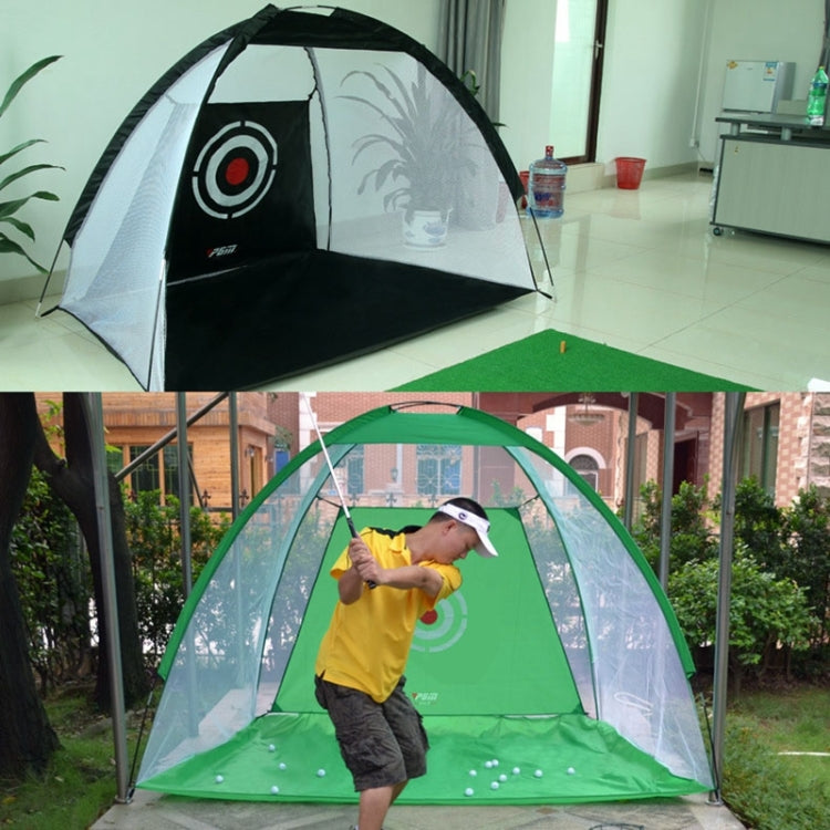 Golf hitting practice net in an indoor room and outdoor yard with person practicing