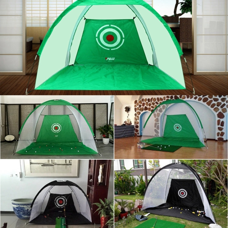 Golf practice net displayed in multiple rooms and outdoor areas, green and black versions