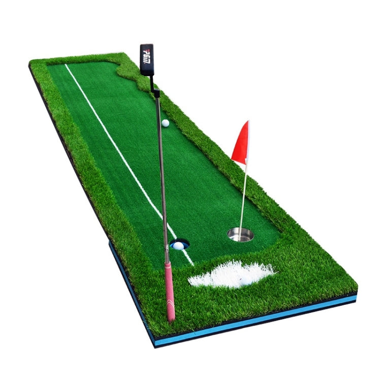 Golf putting practice mat with cup targets and training putter on green turf