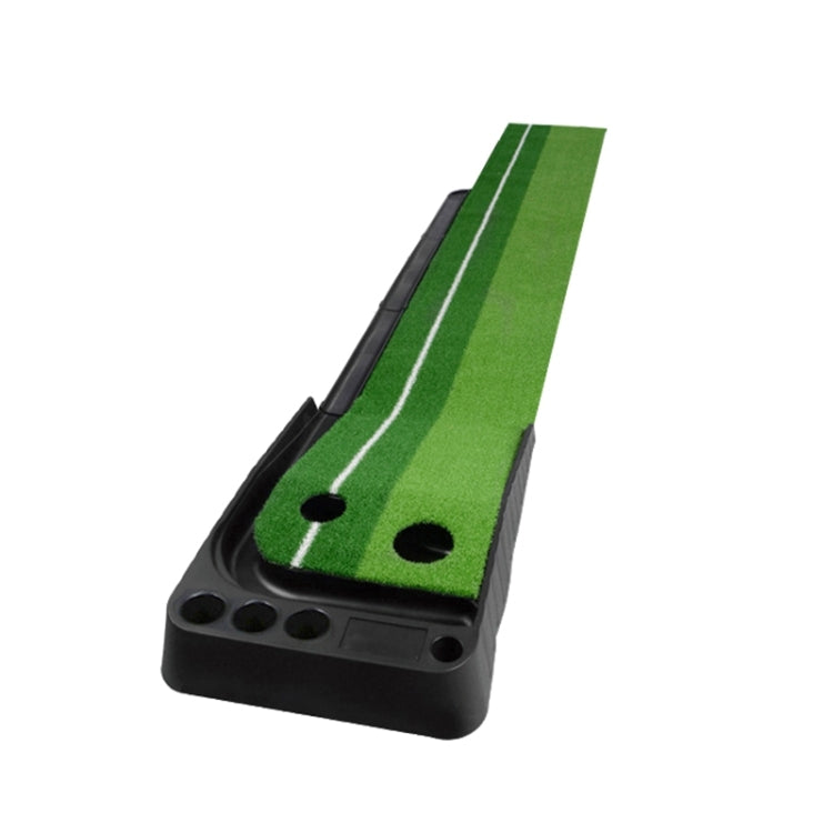 Golf putting mat trainer with green lane striping, two black holes, dark base