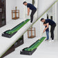 Long indoor putting mat on stand with auto return track and push rod