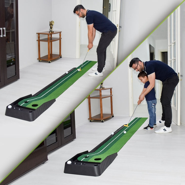 Long indoor putting mat on stand with auto return track and push rod