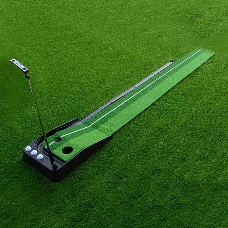Green mini putting mat push rod trainer with black base and alignment grooves