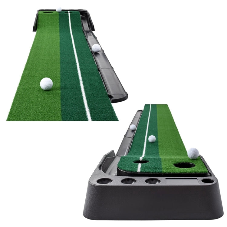 Putting mat on black base with two holes, white alignment line, and practice ball