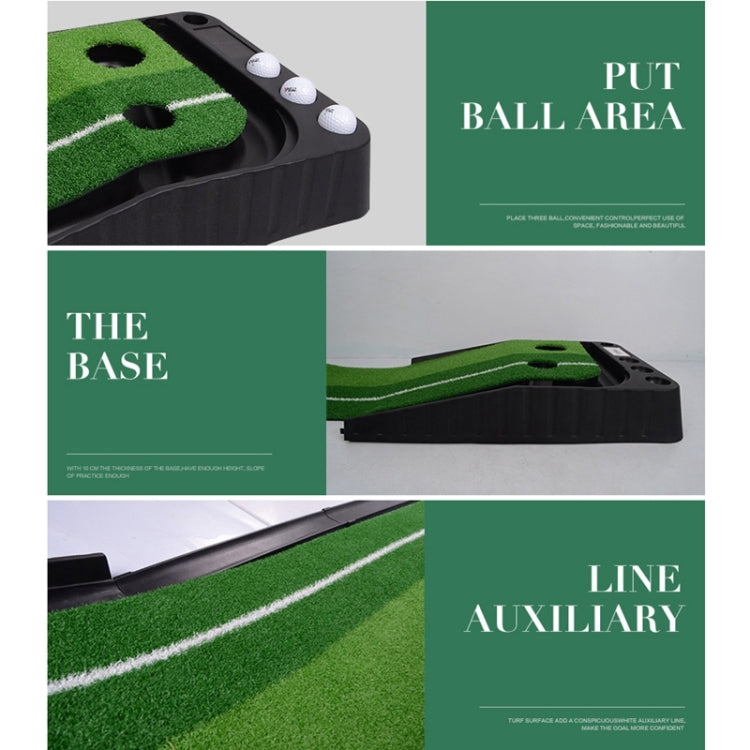 Golf putting trainer base with green turf, double holes, and white guide line