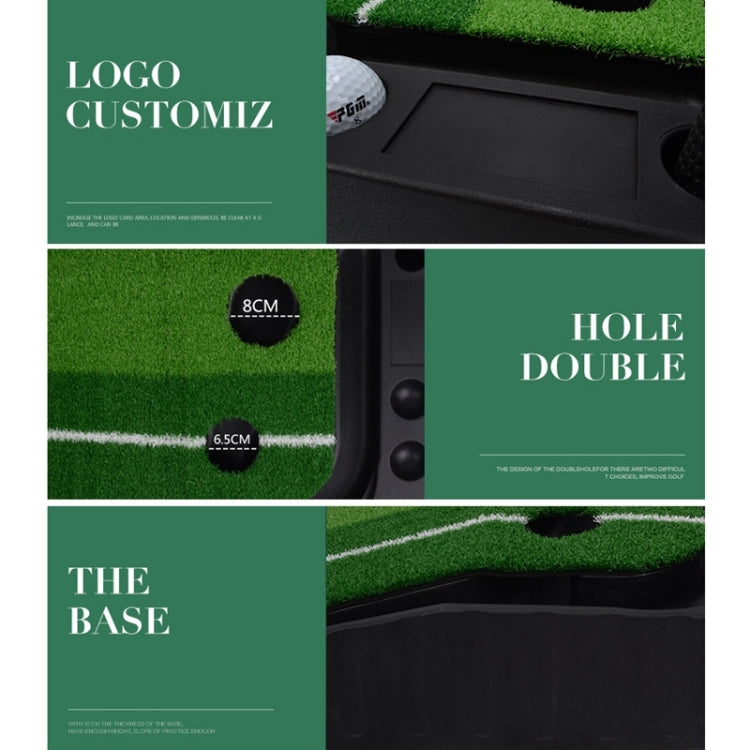 Green putting mat detail of double-hole target area with black base compartments