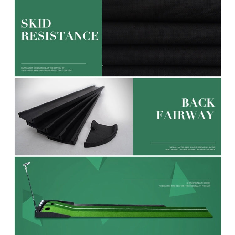 Long golf putting mat with black rails, green turf lane, and back-fairway channel