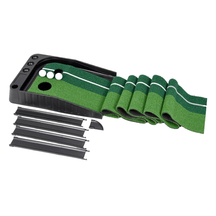Golf putting mat trainer with push-rod rails, folded sections, and auto return ramp