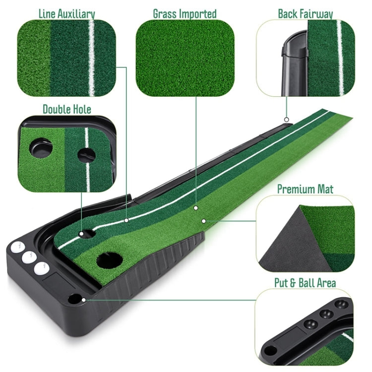 Golf putting mat trainer with green turf lanes, black base, and practice holes