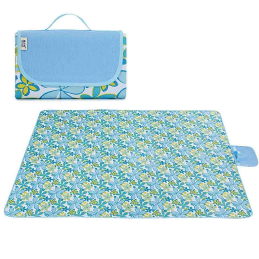 Foldable waterproof camping mat in blue floral pattern with matching carrying case
