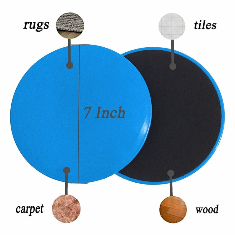 Two round gliding discs for floor sliding, blue and black