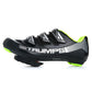 Black cycling shoe with TRUMPS logo and bright neon green heel accents