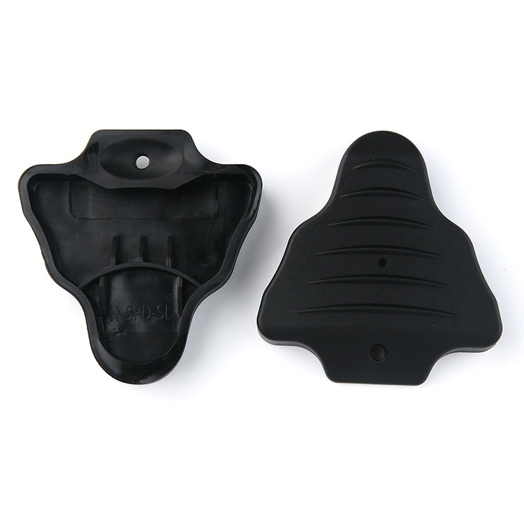 Two black rubber SPD-SL cleat covers, one open-back design and one closed design
