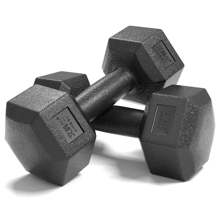 Hexagonal dumbbell pair with textured grip and dark coated ends, 4kg each