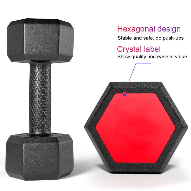 Hexagonal dumbbell with textured grip and red inset end cap, black finish