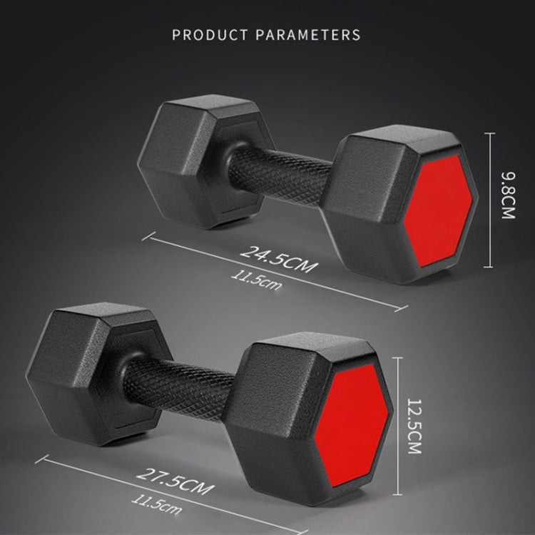 Hex dumbbell with red end face and textured grip; product dimensions shown
