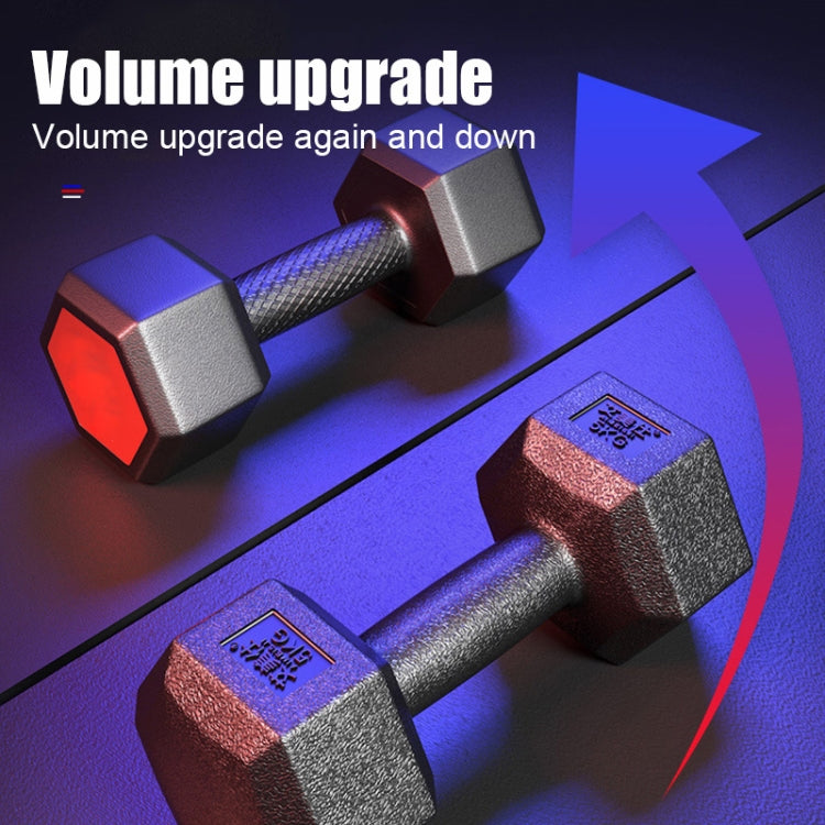 Two hex dumbbells with textured grip and red end face, shown from different angles