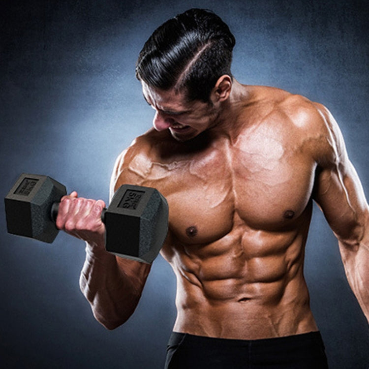 Man performing a dumbbell curl with a pair of dark hex dumbbells