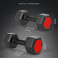 10 kg hex dumbbells with side dimensions shown for length and handle size