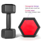 Hexagon dumbbell with faceted gray end cap and red label panel, textured knurled grip