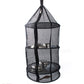 Black round hanging mesh dish drying rack holding cups and bowls