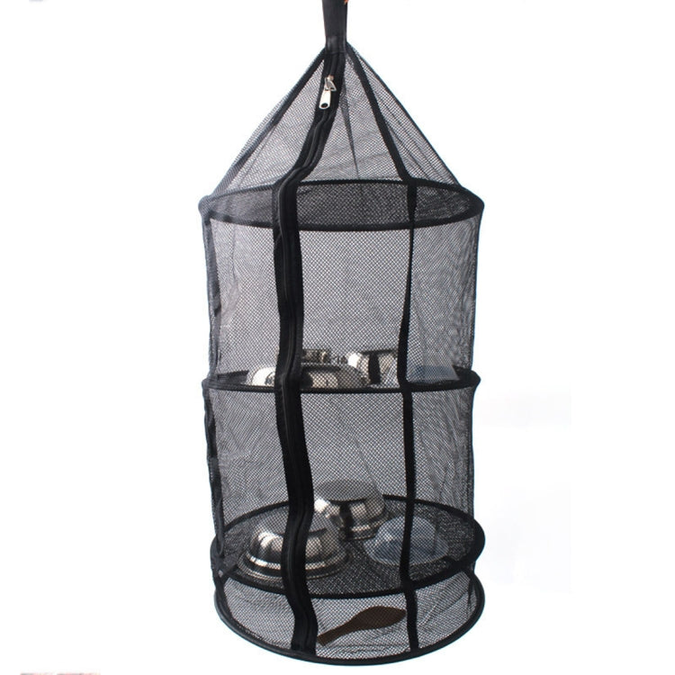 Black round hanging mesh dish drying rack holding cups and bowls