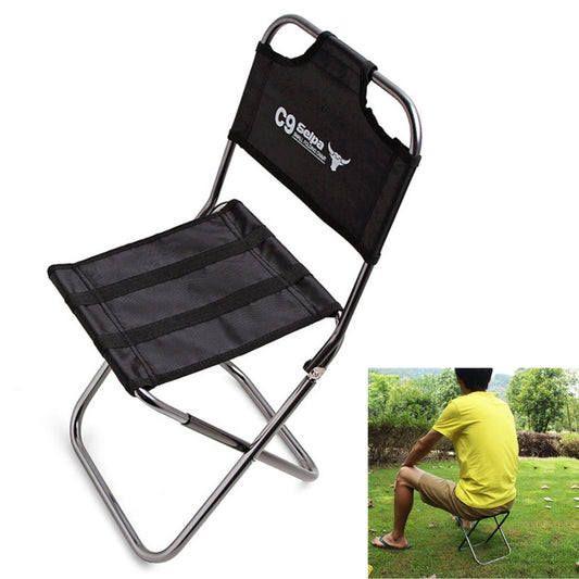 Black folding camping chair with padded seat/back, aluminum frame, carrying handle