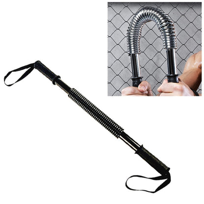 Spring arm strength grip trainer with U-shaped metal springs and black end grips, straps