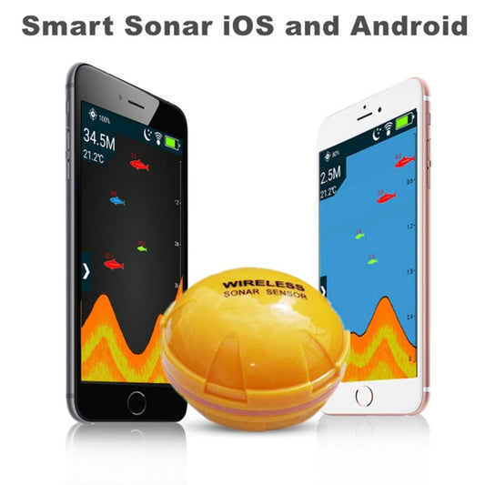Wireless sonar fish sensor dome with smartphones showing fish icons