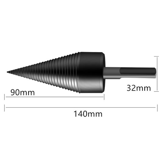 Tapered cone wood splitting drill bit with fluted shaft and cylindrical mounting
