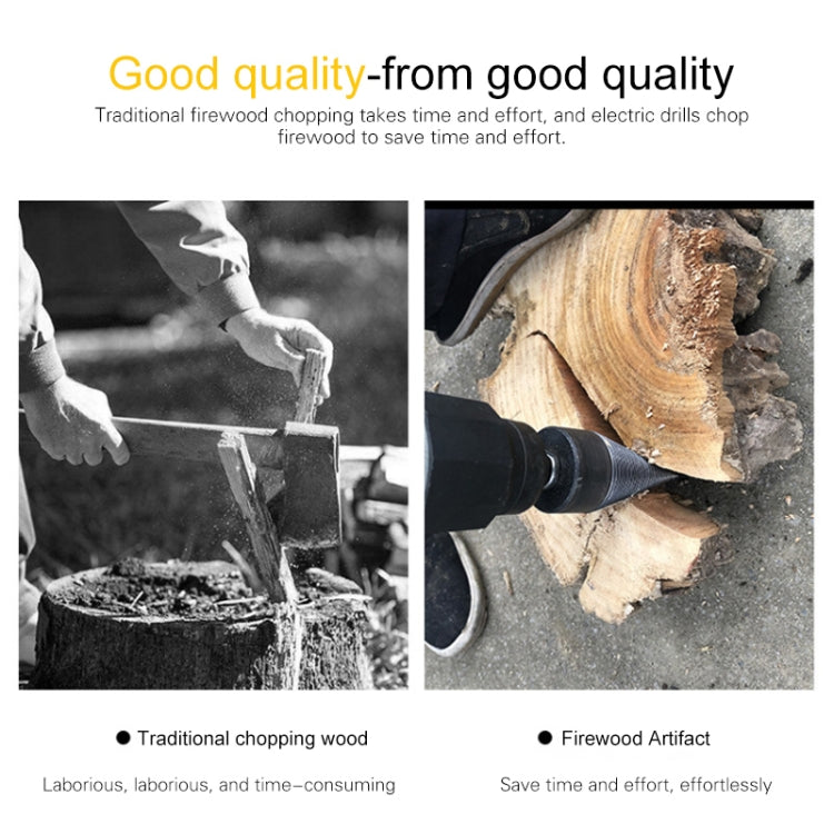 Wood splitting drill bit driving into firewood for chopping
